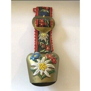 Vintage Swiss Alpine Edelweiss Brass Cowbell with Heart Buckle & Floral Strap